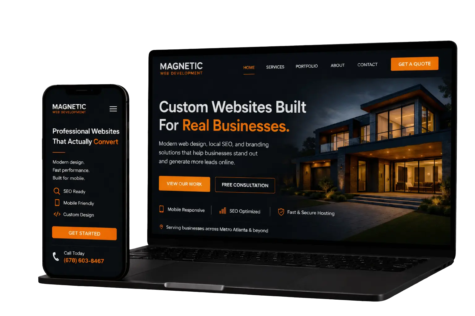 Laptop and smartphone mockup displaying modern business websites for web design and SEO agency services.