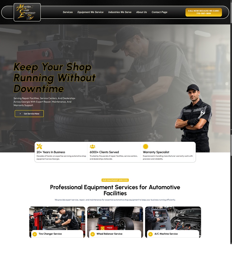 Custom website design for Mastercare Equipment featuring automotive equipment services, responsive layout, and professional branding.