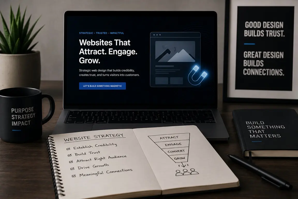 Modern web design workspace featuring a laptop displaying a business website strategy focused on credibility, trust, audience attraction, and growth.