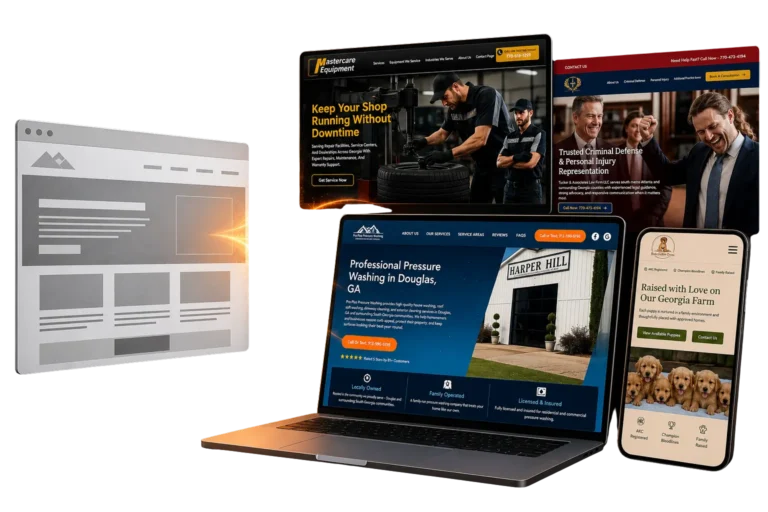 Website transformation graphic showing a basic wireframe website evolving into professional business websites for automotive, legal, pressure washing, and Golden Retriever breeder industries.