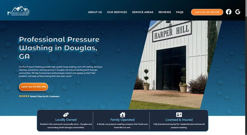 Modern pressure washing company website design for Pro Plus Pressure Washing with service pages and responsive layout.